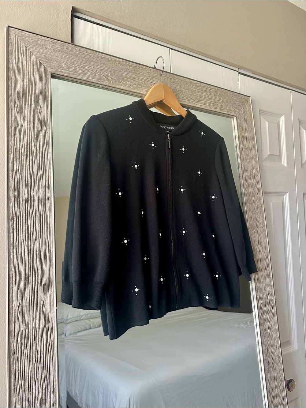 Ming Wang Black Full Zip Mock Neck Knit Cardigan Sweater 3/4 Sleeve PS